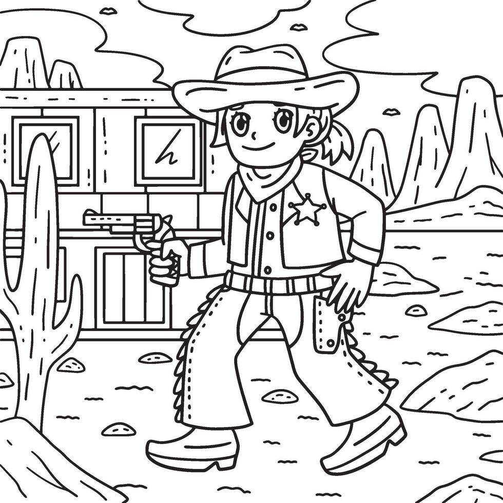 cowgirl con un' pistola colorazione pagina per bambini vettore