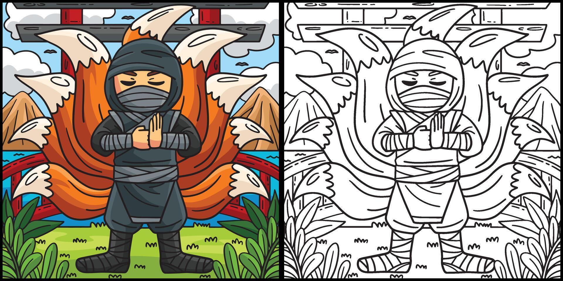 ninja con nove code colorazione pagina illustrazione vettore