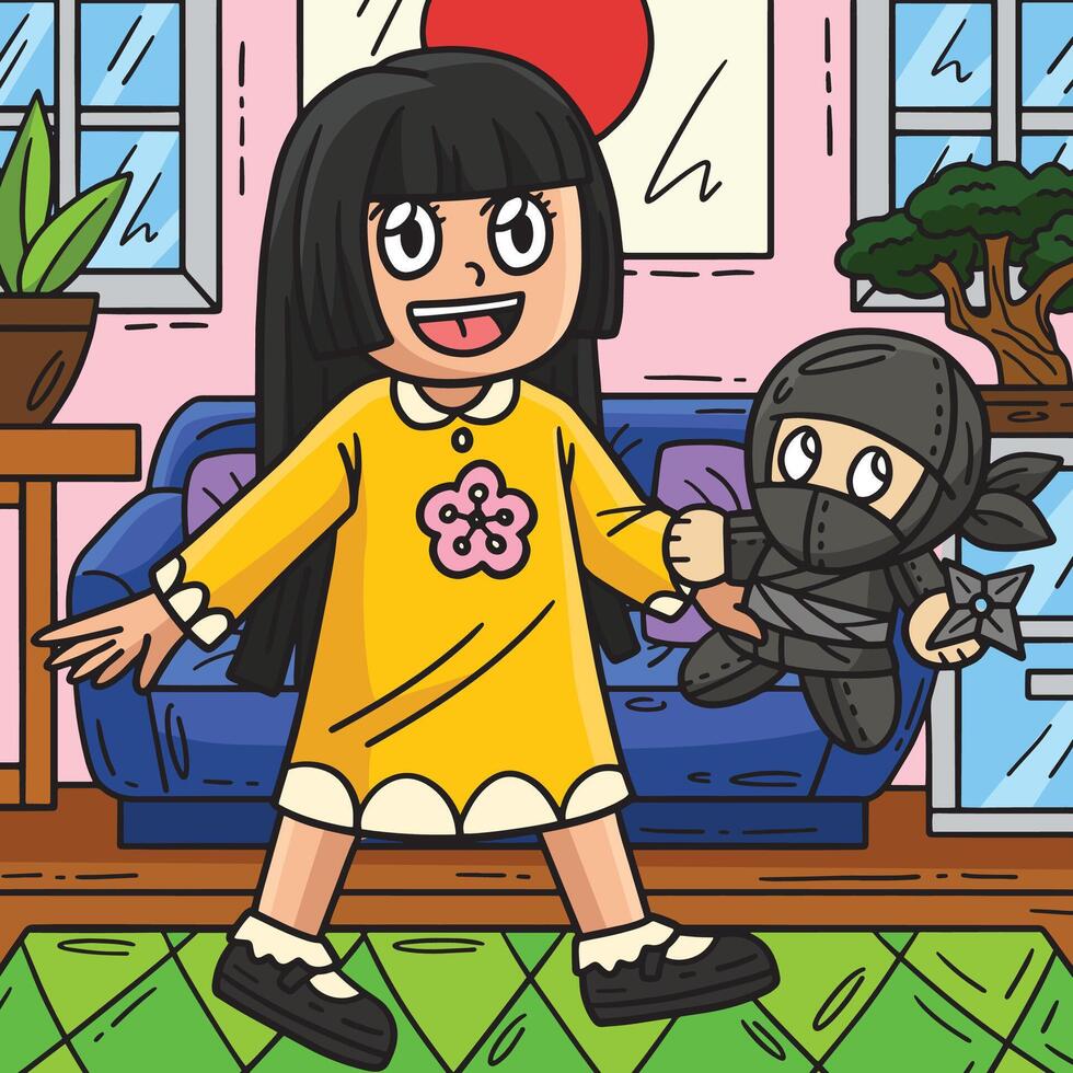 bambino con un' ninja plushie colorato cartone animato vettore