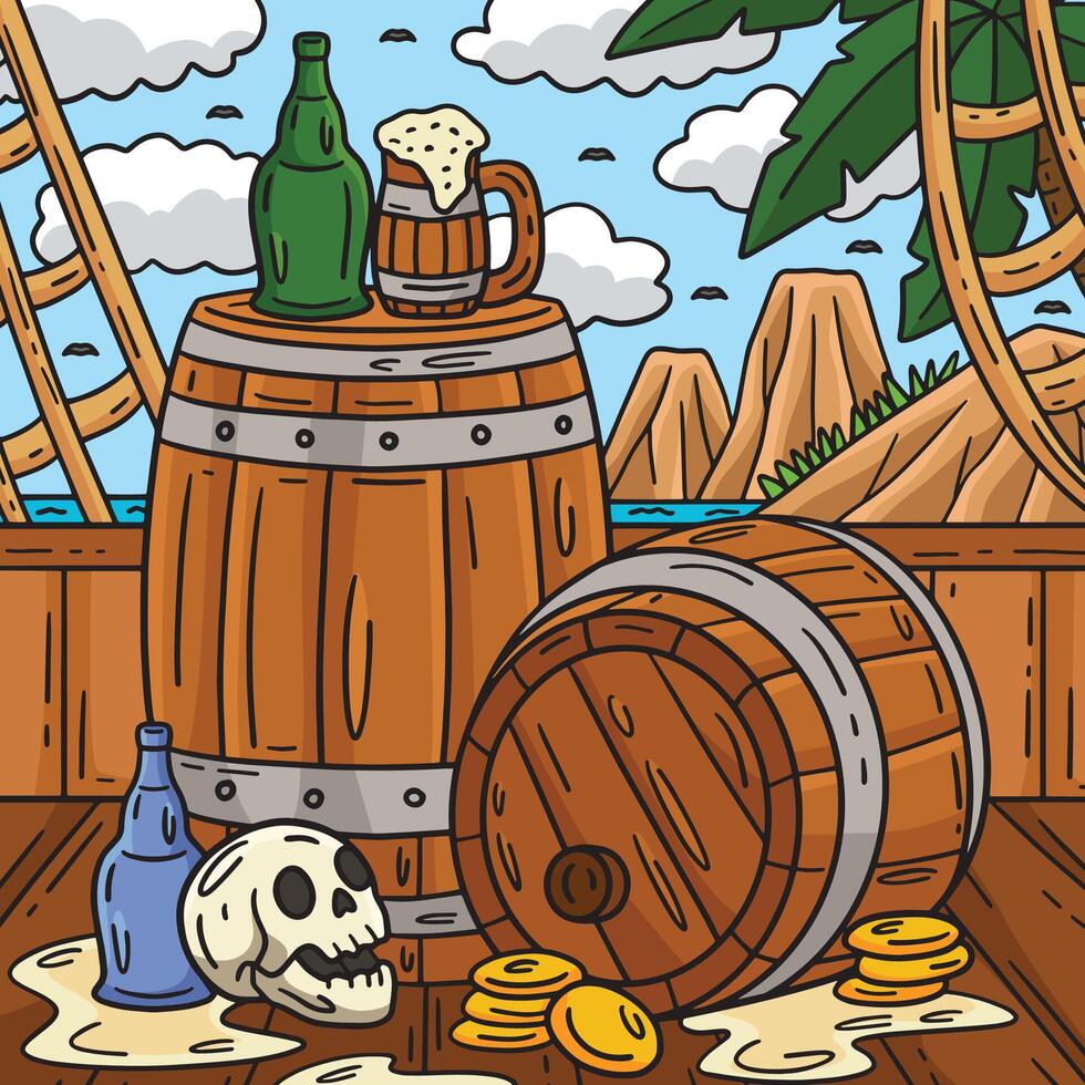 pirata Rum e barile colorato cartone animato illustrazione vettore