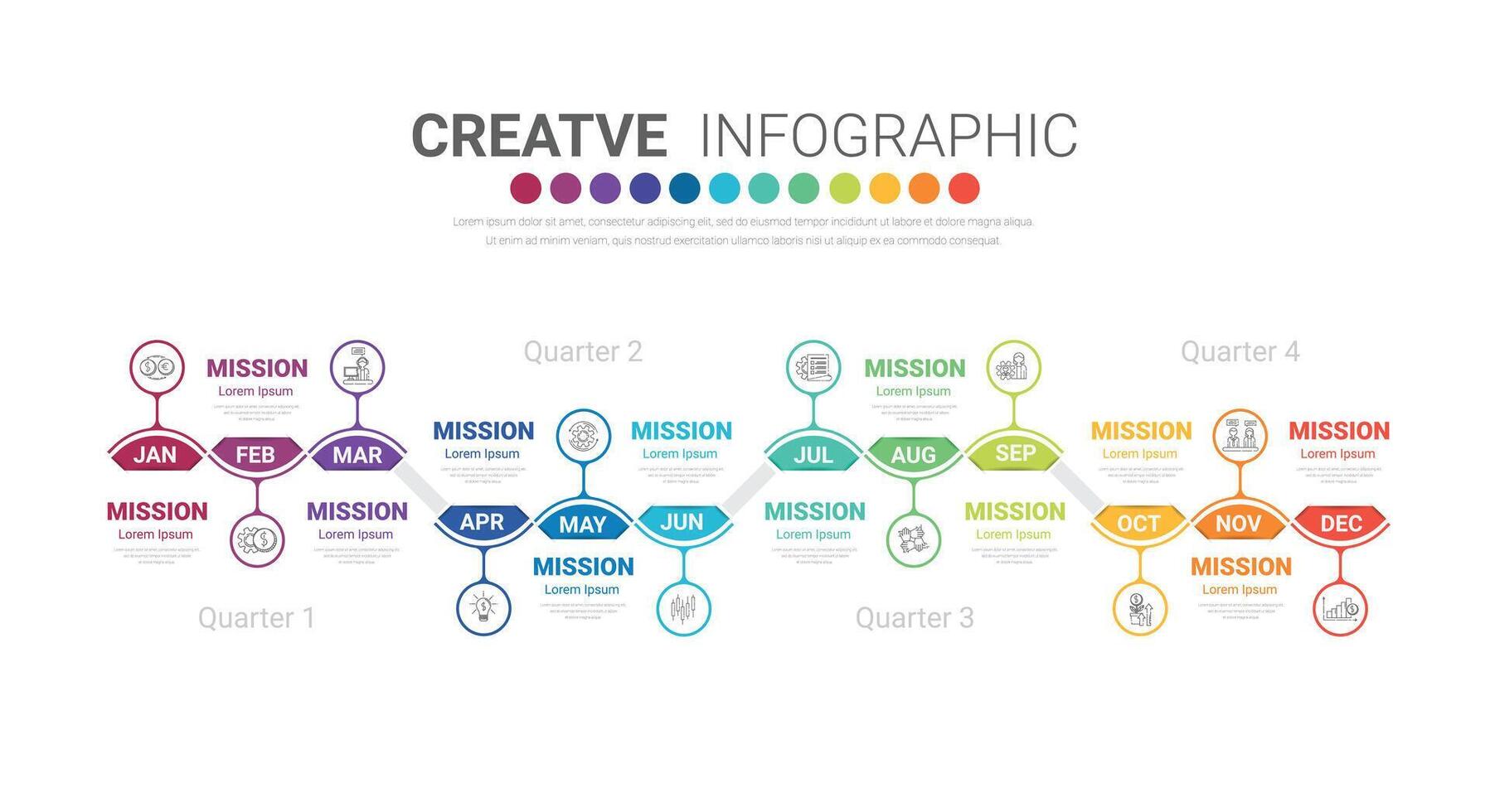 Infografica modello per attività commerciale. 12 mesi moderno sequenza temporale elemento diagramma calendario, 4 trimestre passaggi pietra miliare presentazione vettore infografica.