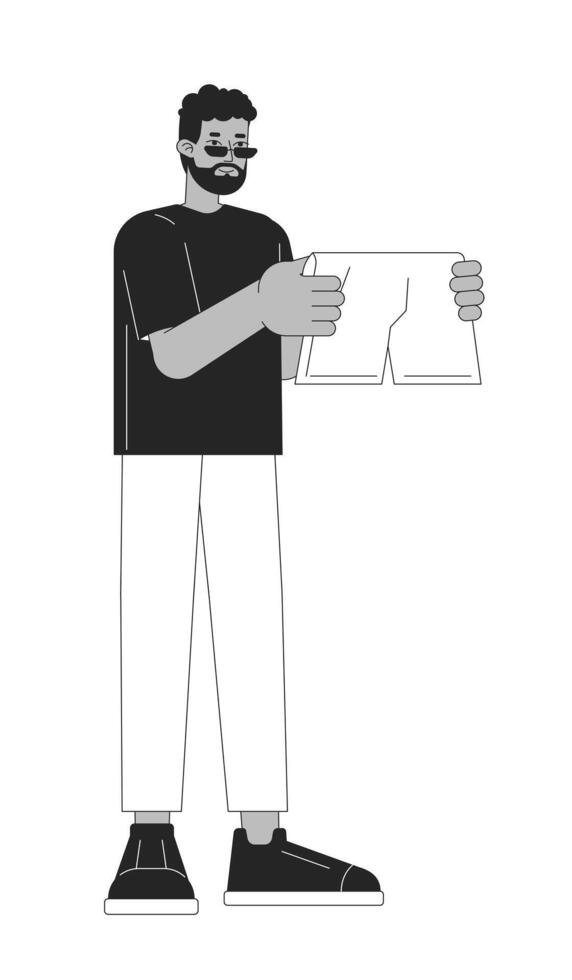 barbuto nero uomo la scelta pugile pantaloncini nero e bianca 2d linea cartone animato carattere. africano americano tipo isolato vettore schema persona. Selezione biancheria intima lavanderia monocromatico piatto individuare illustrazione