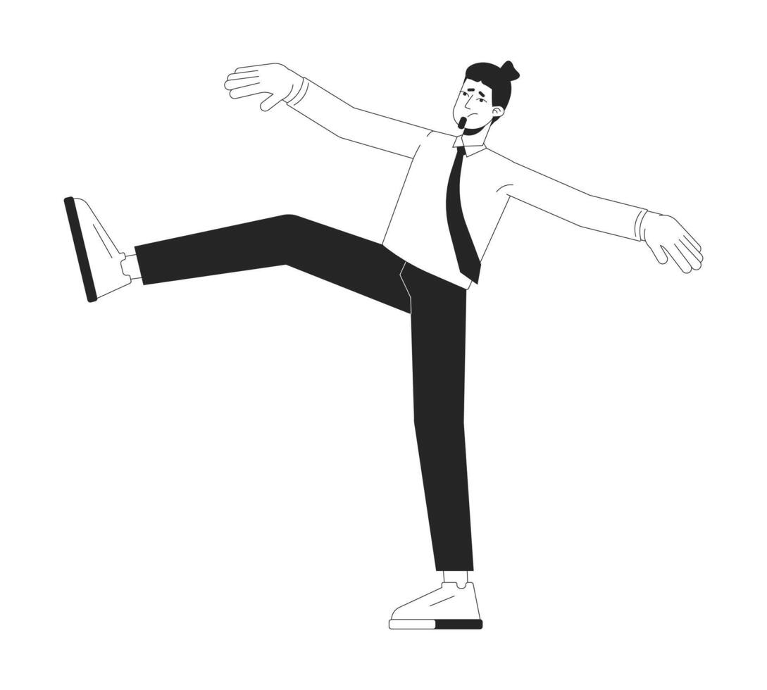 equilibrio perdente maschio ufficio lavoratore nero e bianca 2d linea cartone animato carattere. instabile uomo in piedi su uno gamba isolato vettore schema persona. lavoro instabilità monocromatico piatto individuare illustrazione