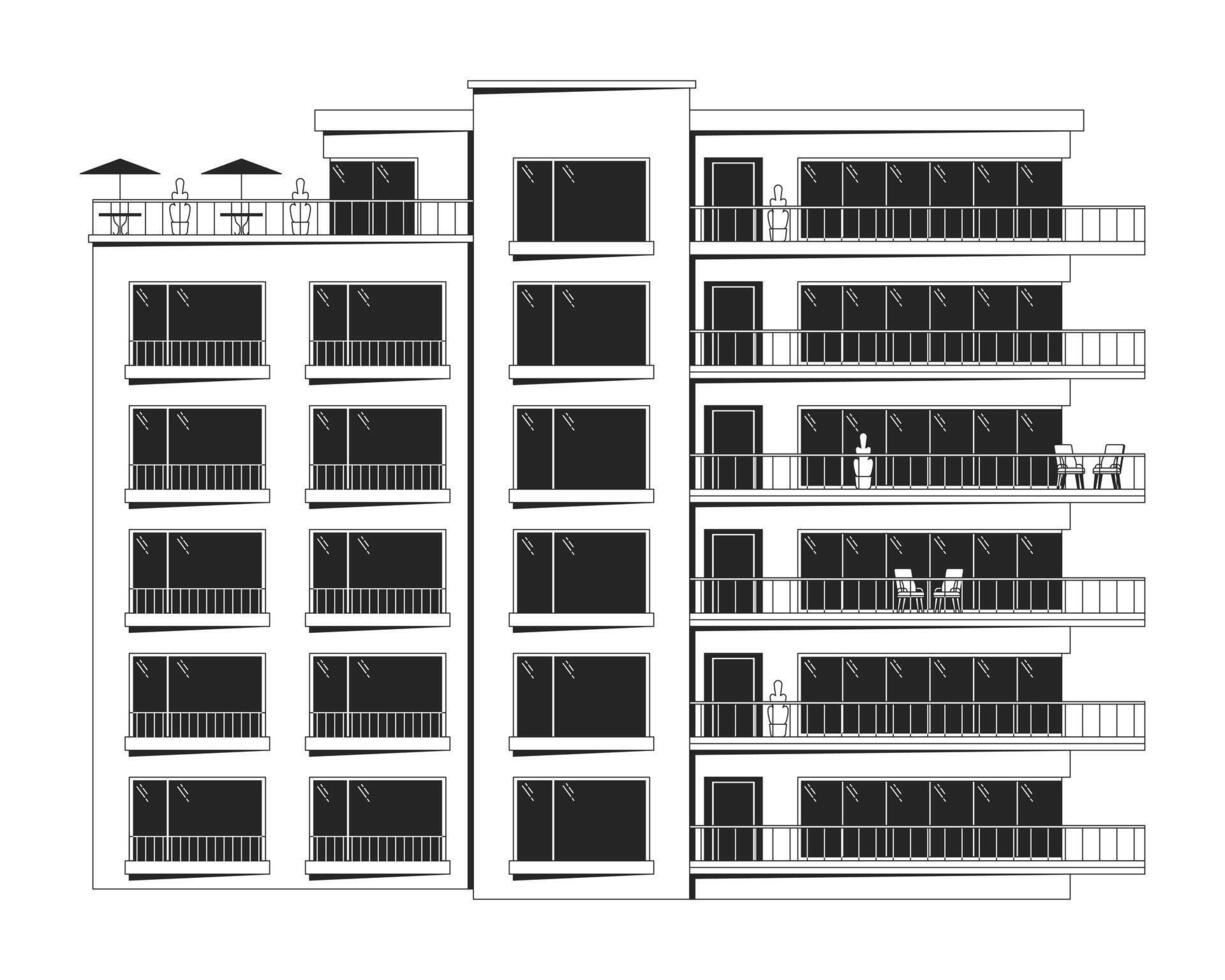 Residenziale complesso nero e bianca 2d linea cartone animato oggetto. sovvenzionato alloggi. proprietà della casa. vivente edificio isolato vettore schema elemento. proprietà esterno monocromatico piatto individuare illustrazione