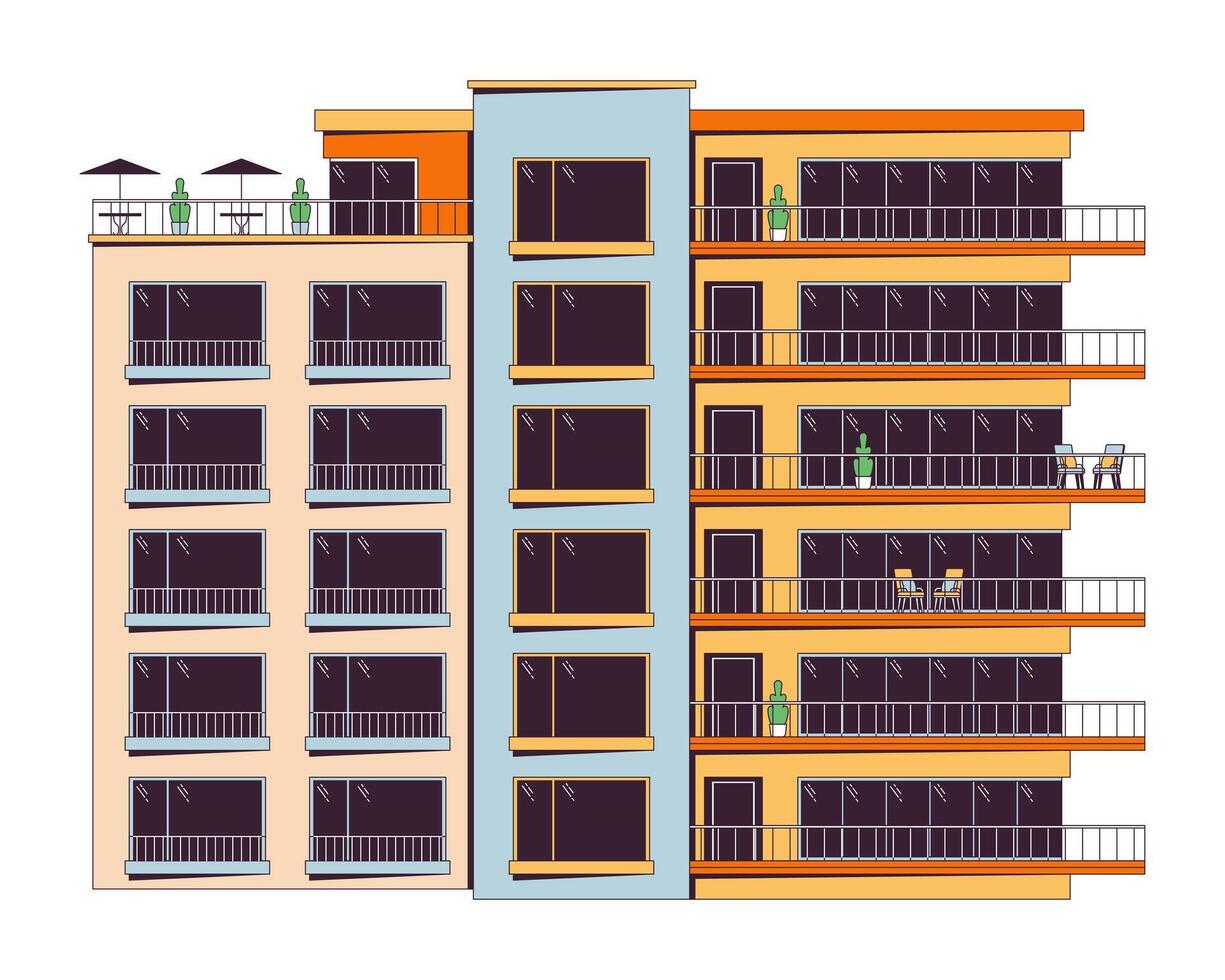 Residenziale complesso 2d lineare cartone animato oggetto. sovvenzionato alloggiamento proprietà. proprietà della casa. vivente edificio isolato linea vettore elemento bianca sfondo. proprietà esterno colore piatto individuare illustrazione