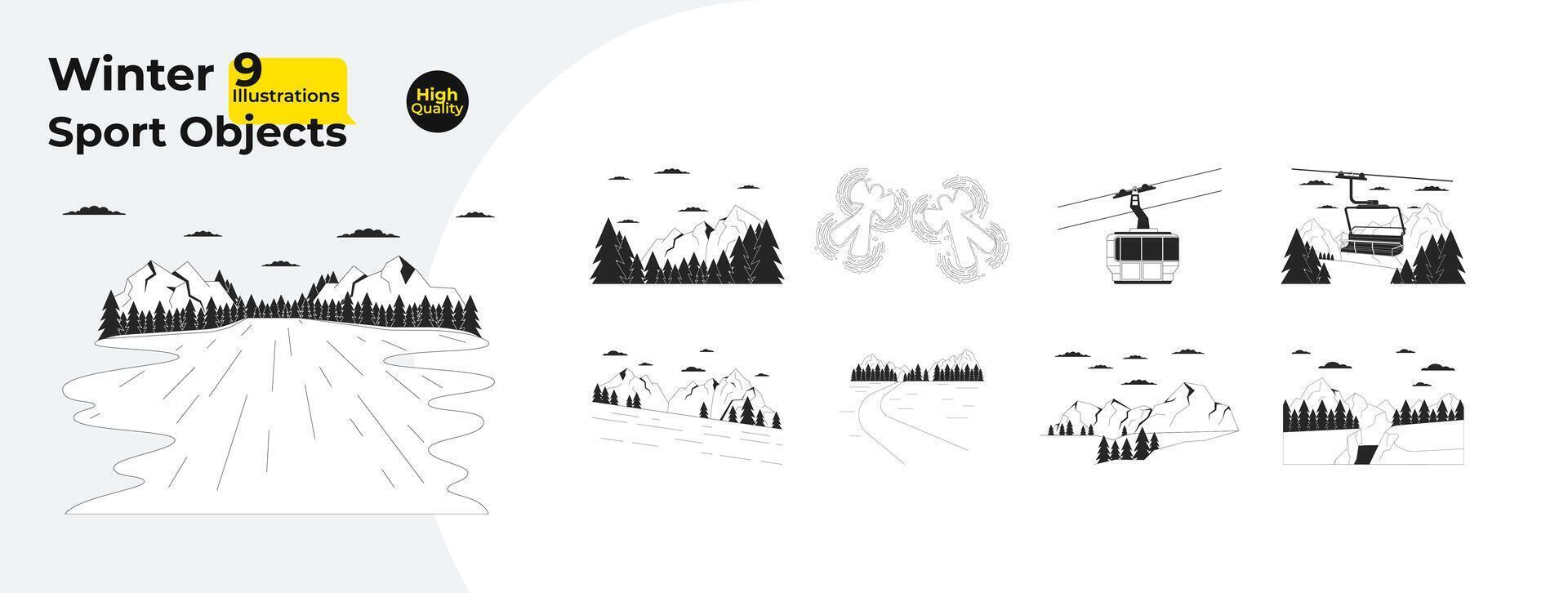 ricorrere inverno stagione nero e bianca 2d linea cartone animato oggetti fascio. sciovia, Snowboard montagne isolato vettore schema elementi collezione. orario invernale paesaggi monocromatico piatto individuare illustrazioni