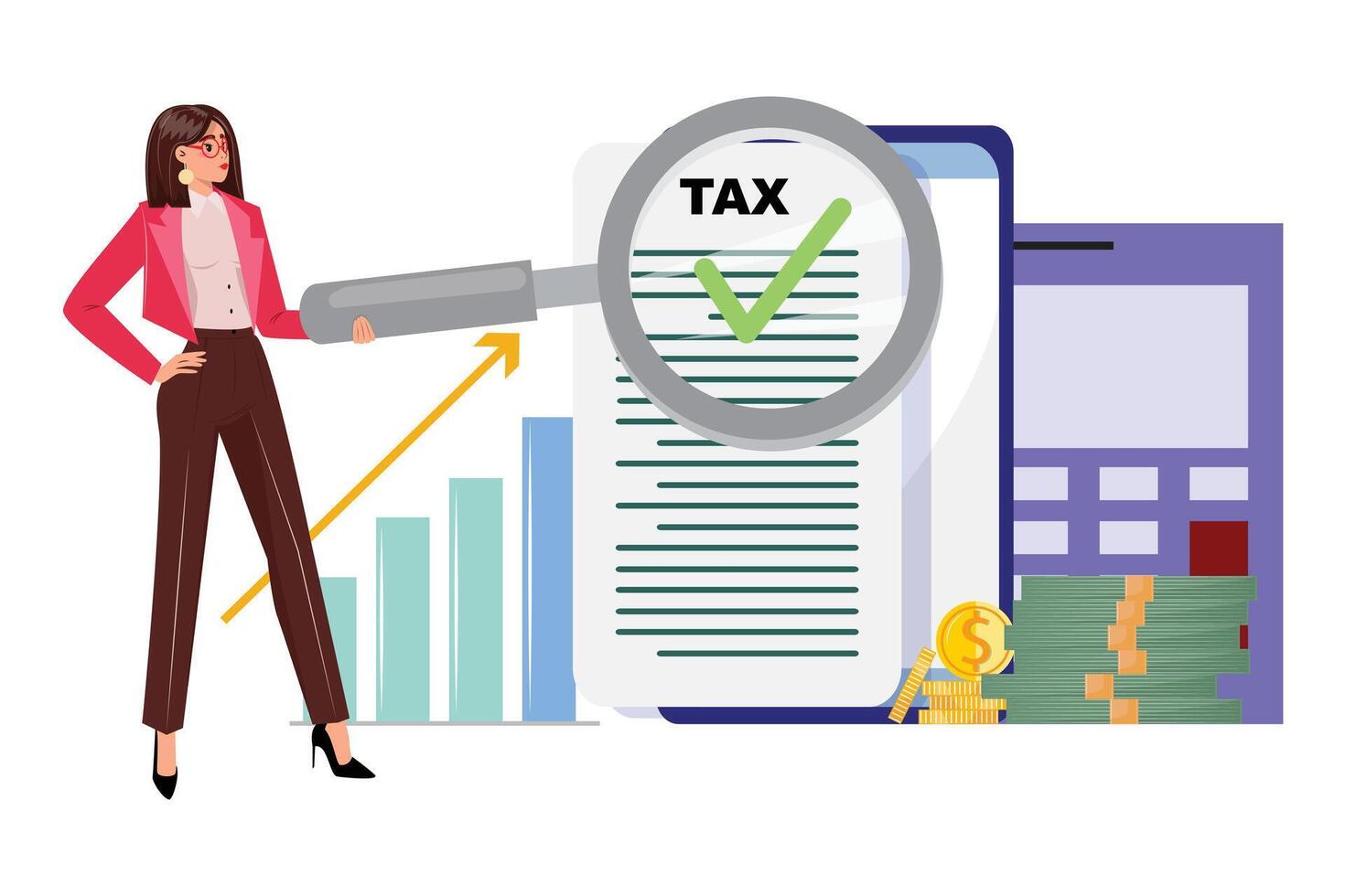donna esplora tassazione e contabilità attraverso un' lente di un' ingrandimento bicchiere vettore