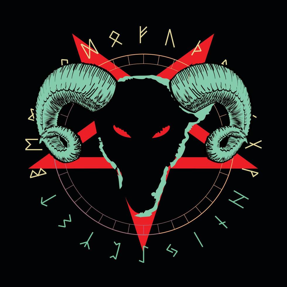 maglietta design di un' capra testa lungo con un' demonico rosso stella e un alfabeto di rune. vettore