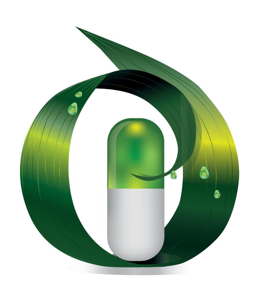 eco naturale pillola piatto icona con verde le foglie per biologico e eco amichevole prodotti. isolato su bianca sfondo.vettore illustrazione. vettore
