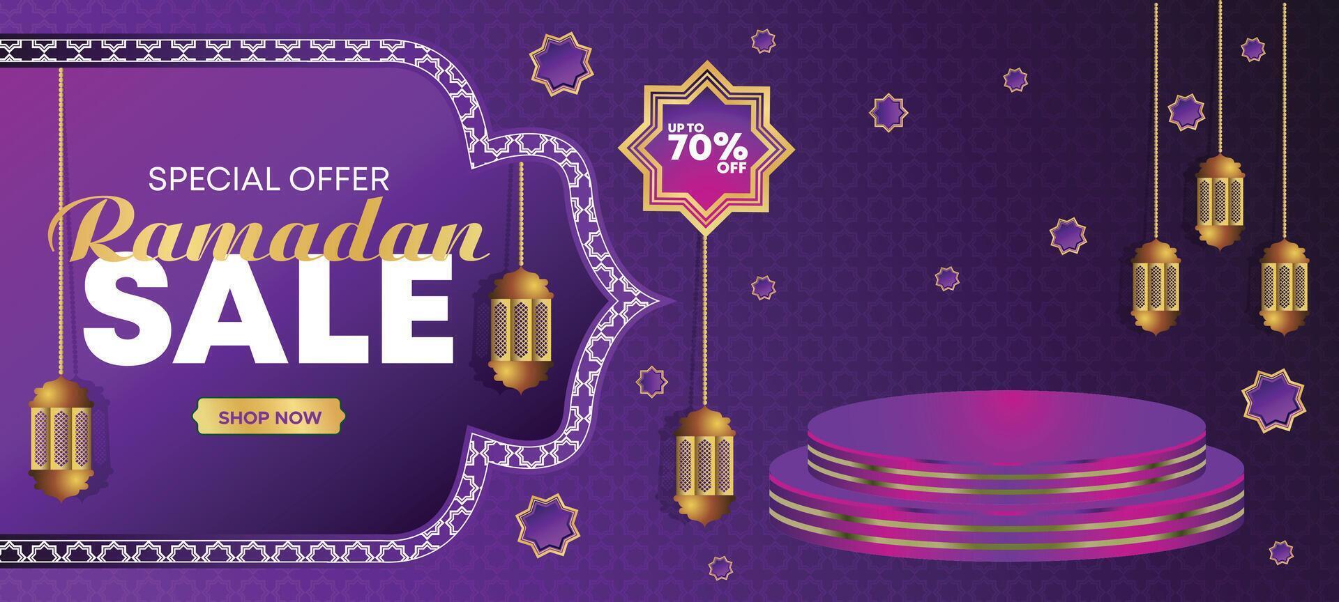 Ramadan kareem super vendita ragnatela bandiera sfondo con podio per Schermo di Prodotto. Ramadan grande vendita promozione manifesto e sociale media inviare. islamico speciale offrire promozione bandiera design modello vettore