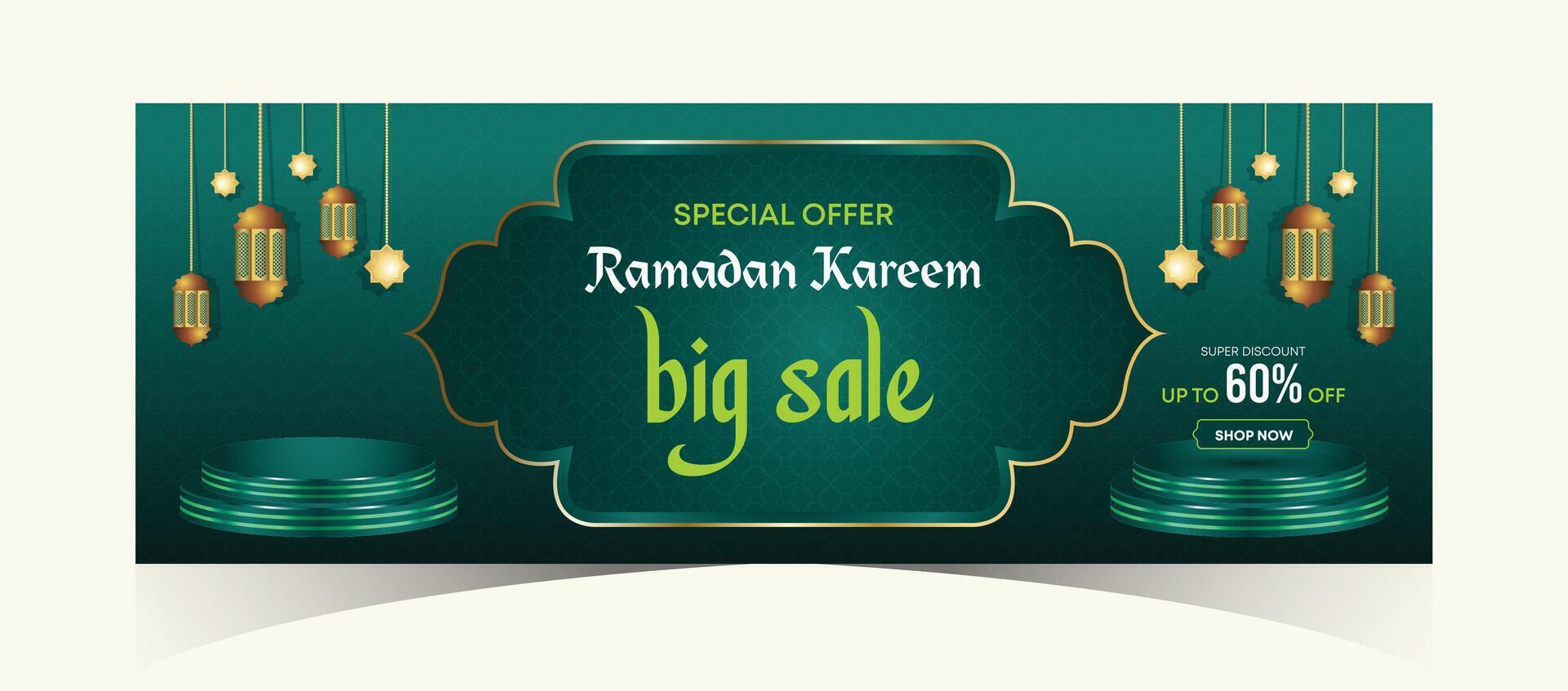 Ramadan kareem ragnatela sfondo super vendita bandiera con podio per Schermo di Prodotto. Ramadan mega grande vendita promozione manifesto e sociale media inviare. islamico speciale offrire promozione bandiera design modello vettore