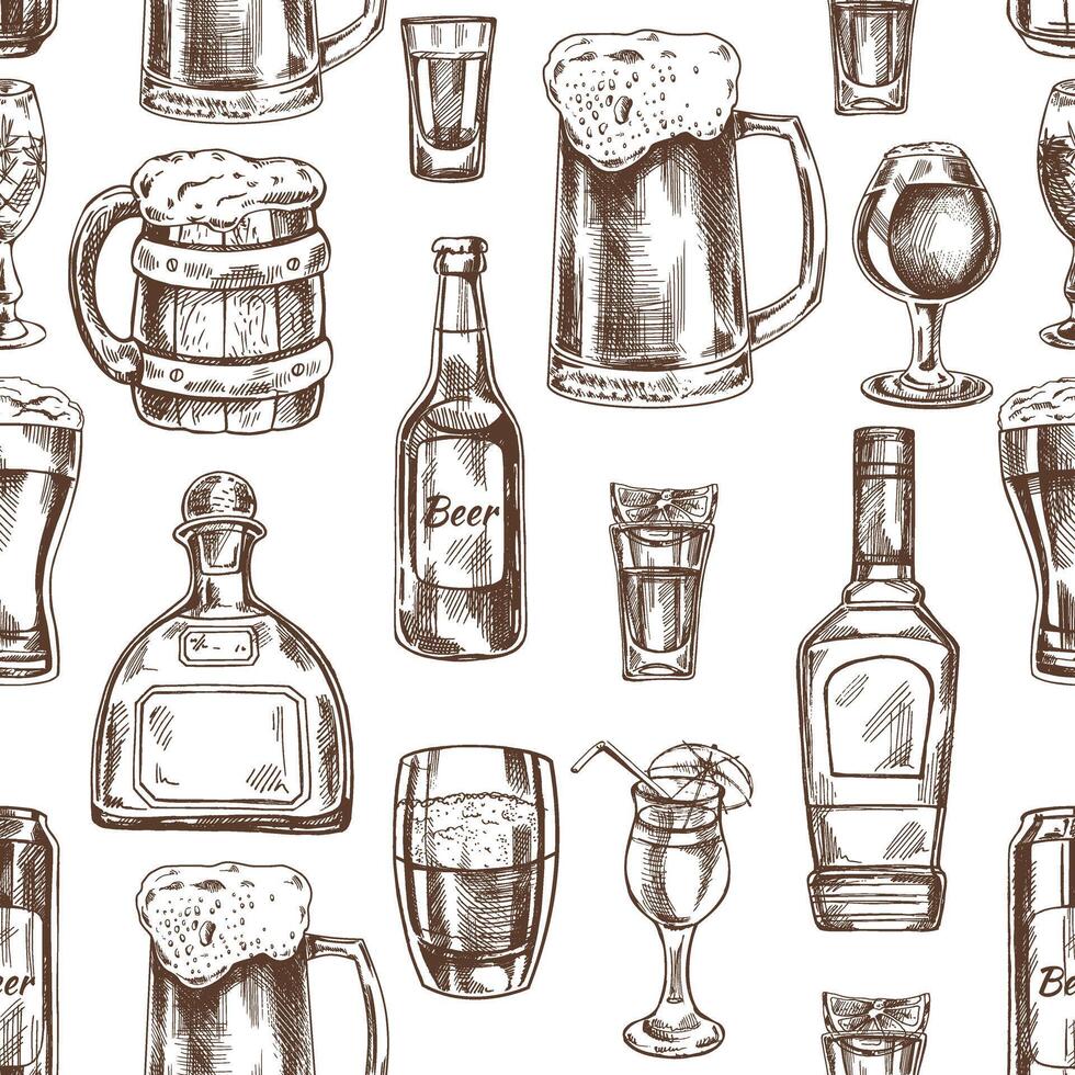 senza soluzione di continuità disegnato a mano modello di alcool bevande. vettore illustrazione nel Vintage ▾ stile. bevande. bene per il menù.