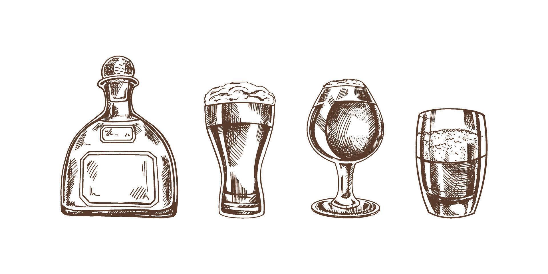 un' impostato di disegnato a mano schizzi di alcool bevande. vettore illustrazione nel Vintage ▾ stile. bevande. bene per il menù.