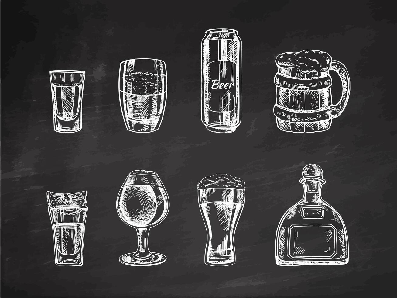 un' impostato di disegnato a mano schizzi di alcool bevande su lavagna sfondo. vettore illustrazione nel Vintage ▾ stile. bevande. bene per il menù.