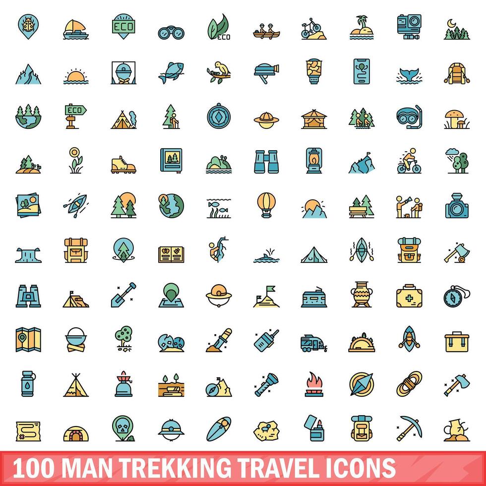 100 uomo il trekking viaggio icone impostare, colore linea stile vettore