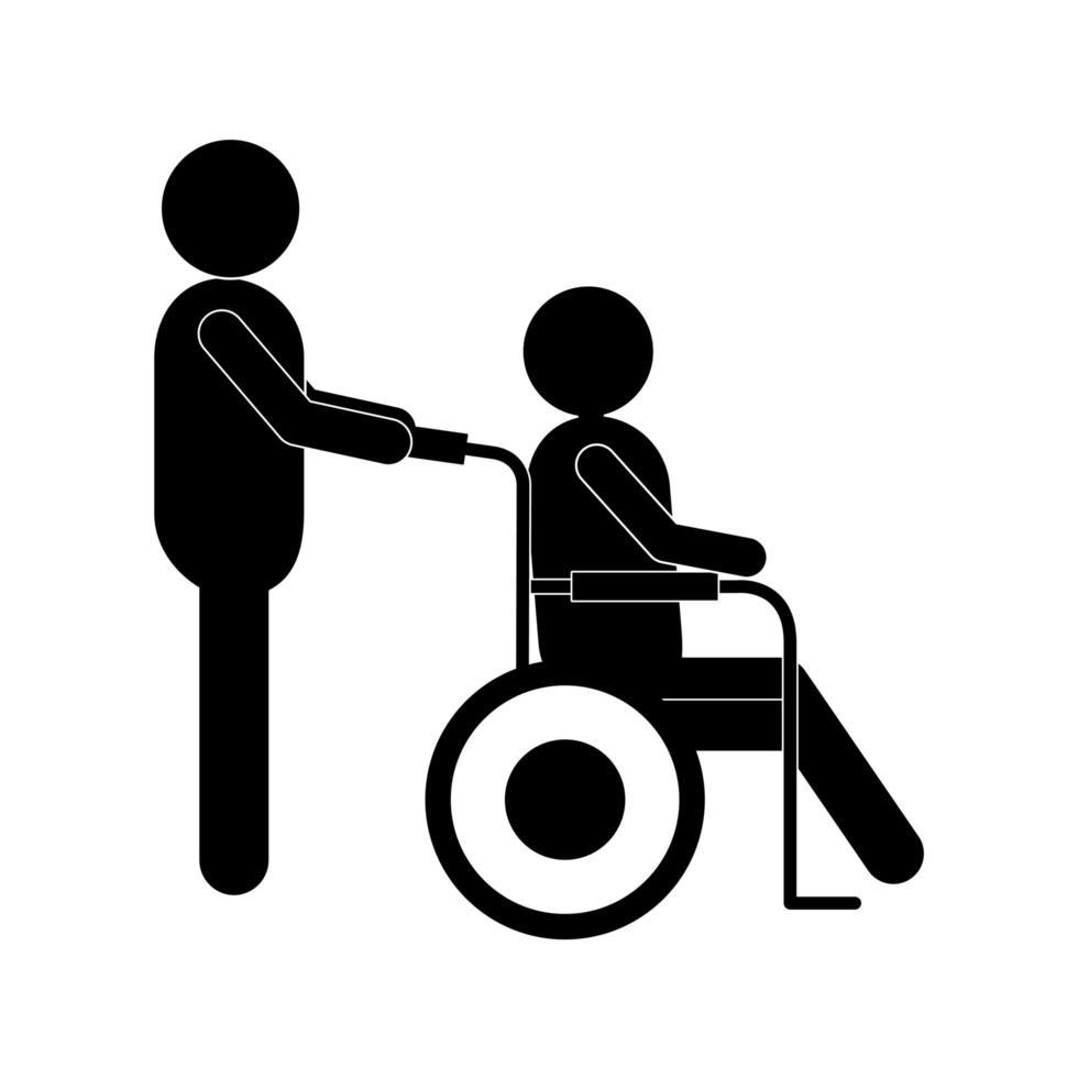 uomo che aiuta gli altri su sedia a rotelle silhouette stile icona disegno vettoriale