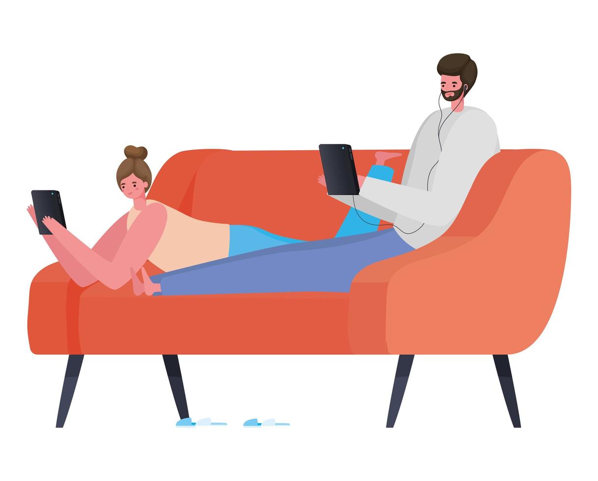 uomo e donna con tablet sul divano che lavorano disegno vettoriale
