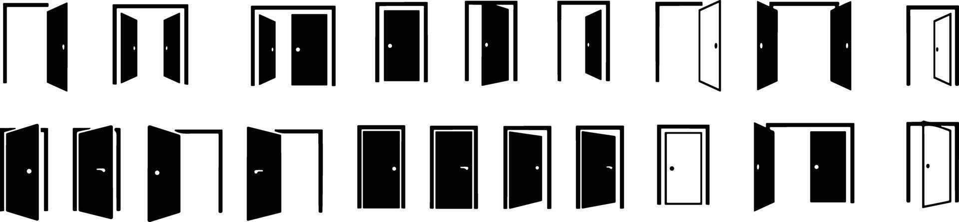 Aperto e chiuso porta, Ingresso realistico portone icone simbolo impostare. arte design nero porte modello collezione. astratto concetto grafico aprire, vicino Casa elemento. azione vettore