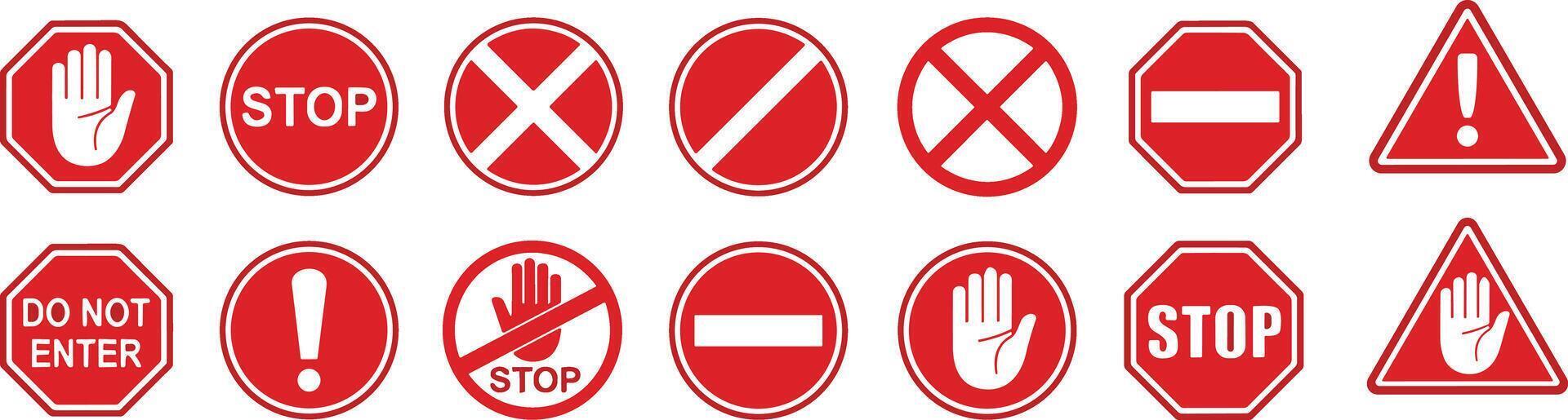 impostato fermare rosso cartello icona con bianca mano, fare non accedere. avvertimento fermare cartello azione vettore
