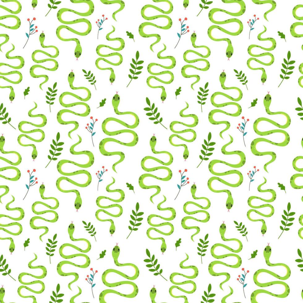 senza soluzione di continuità modello di carino verde serpenti circondato di primavera fiori e rami le foglie. kawaii personaggi nel cartone animato stile. modello involucro su bianca sfondo. vettore