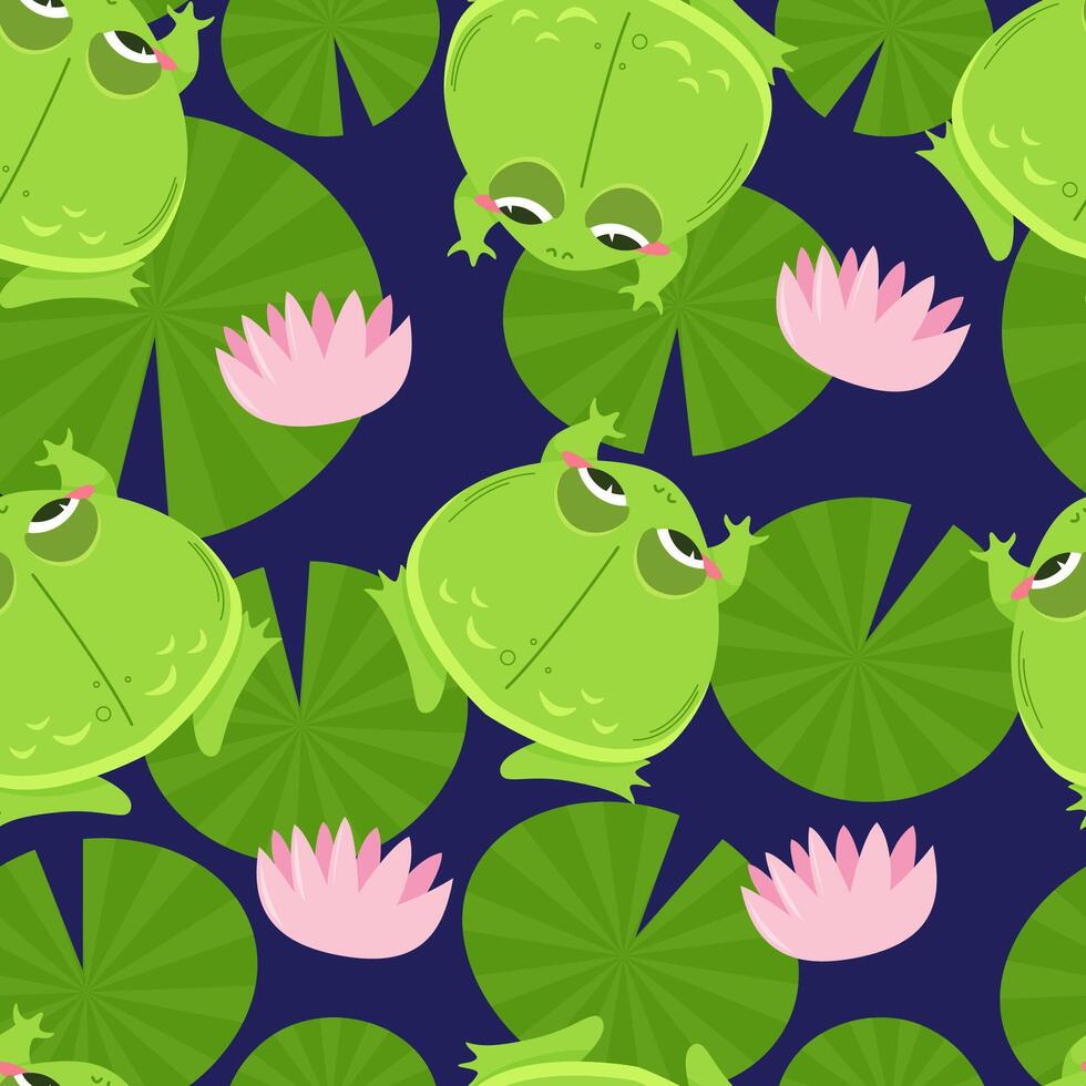 senza soluzione di continuità modello di carino verde rane circondato di acqua giglio pastiglie su lago. kawaii personaggi nel cartone animato stile. modello involucro vettore