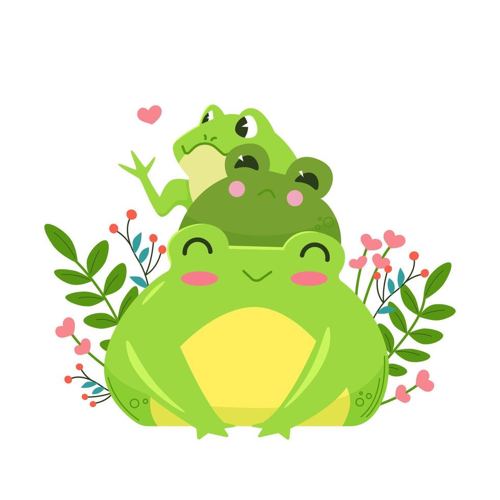 tre divertente carino verde rane seduta circondato di primavera fiori. kawaii personaggi nel cartone animato stile. illustrazione isolato. vettore