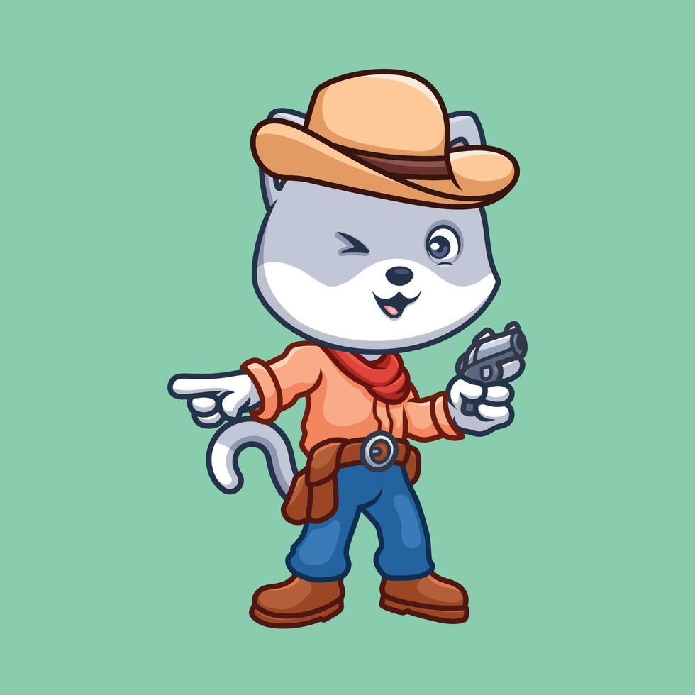 gatto cowboy sceriffo carino cartone animato illustrazione vettore