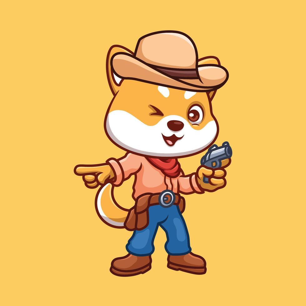 cowboy shiba inu carino cartone animato vettore