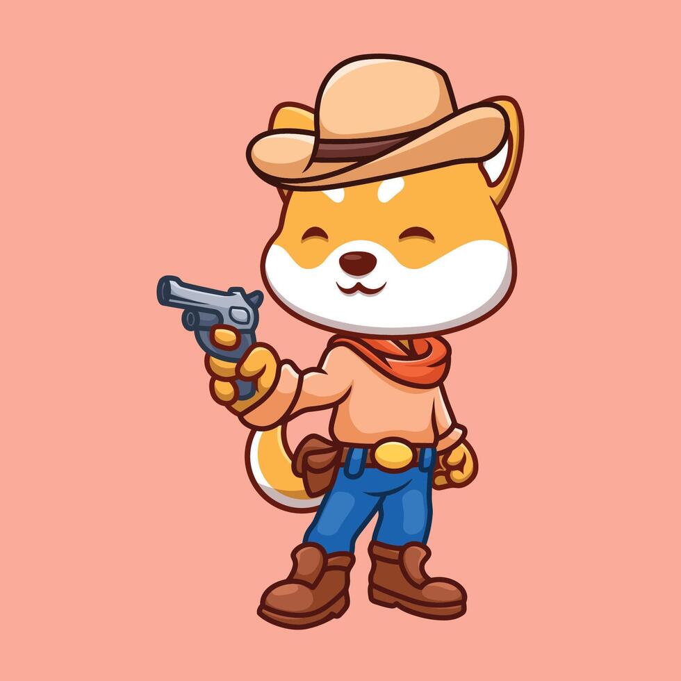 cowboy shiba inu carino cartone animato vettore