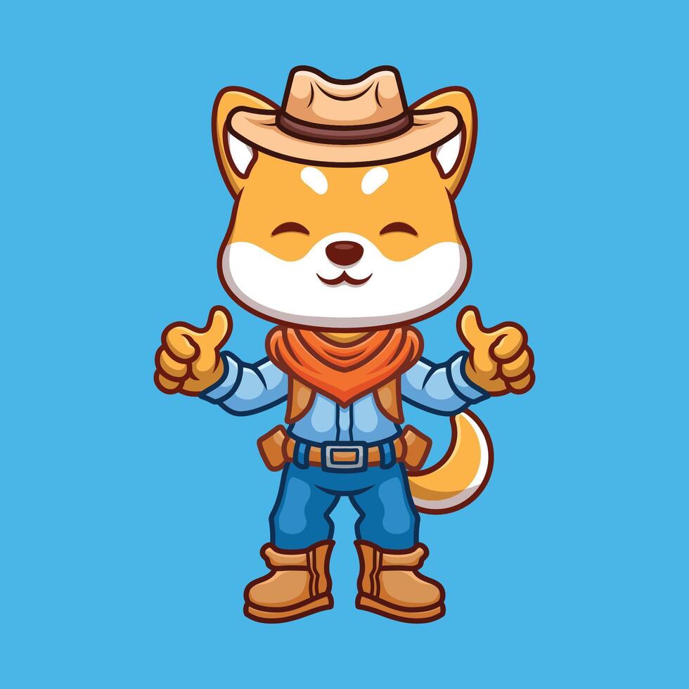 cowboy shiba inu carino cartone animato vettore