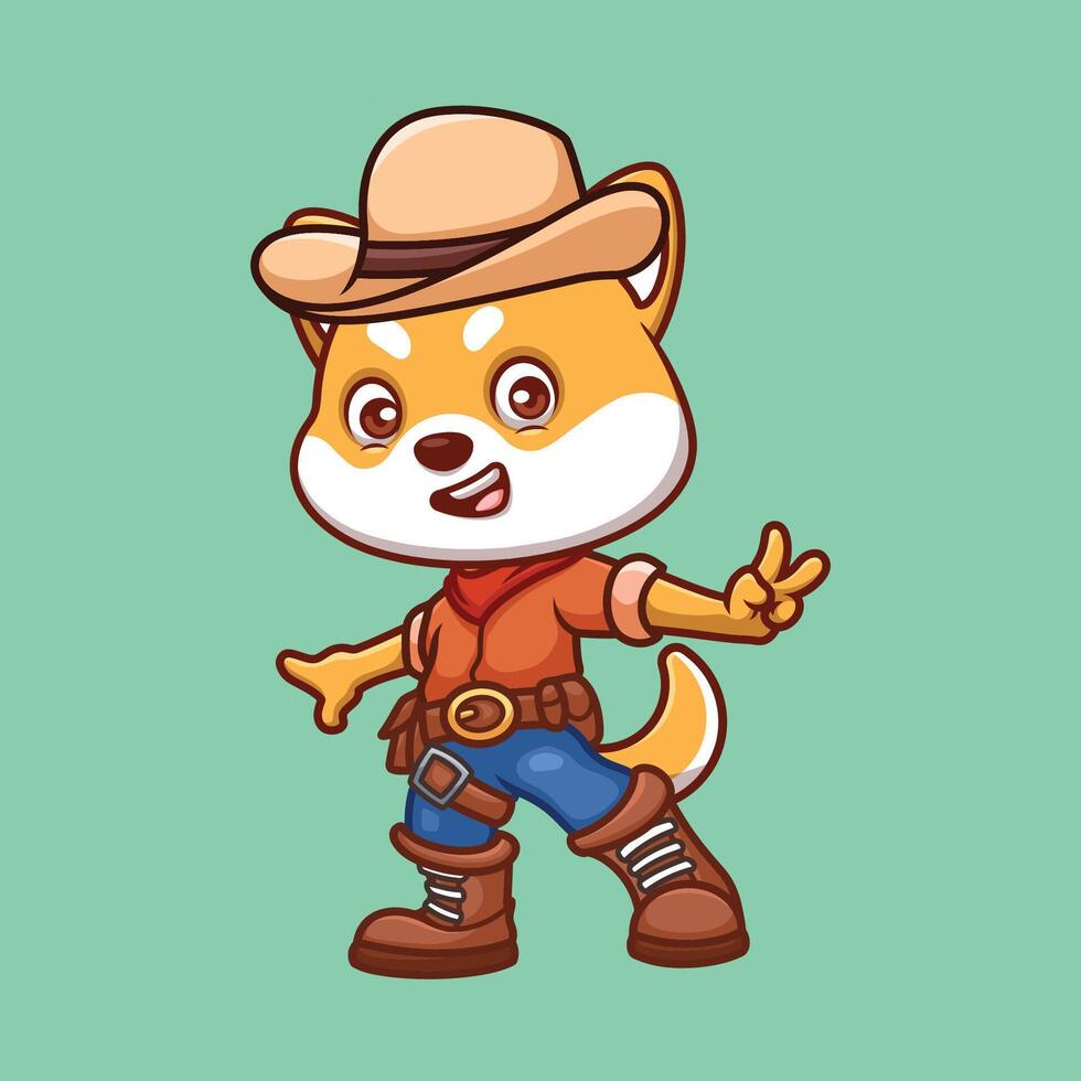 cowboy shiba inu carino cartone animato vettore