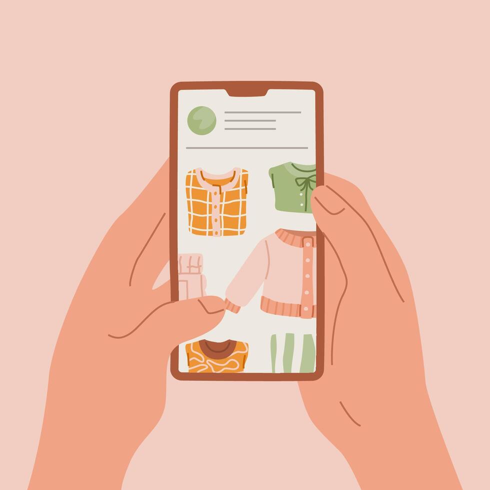 mani Tenere smartphone, quale viene visualizzato un interfaccia di shopping App con immagini di vario capi di abbigliamento Oggetti. in linea abbigliamento shopping su Telefono. piatto vettore illustrazione.