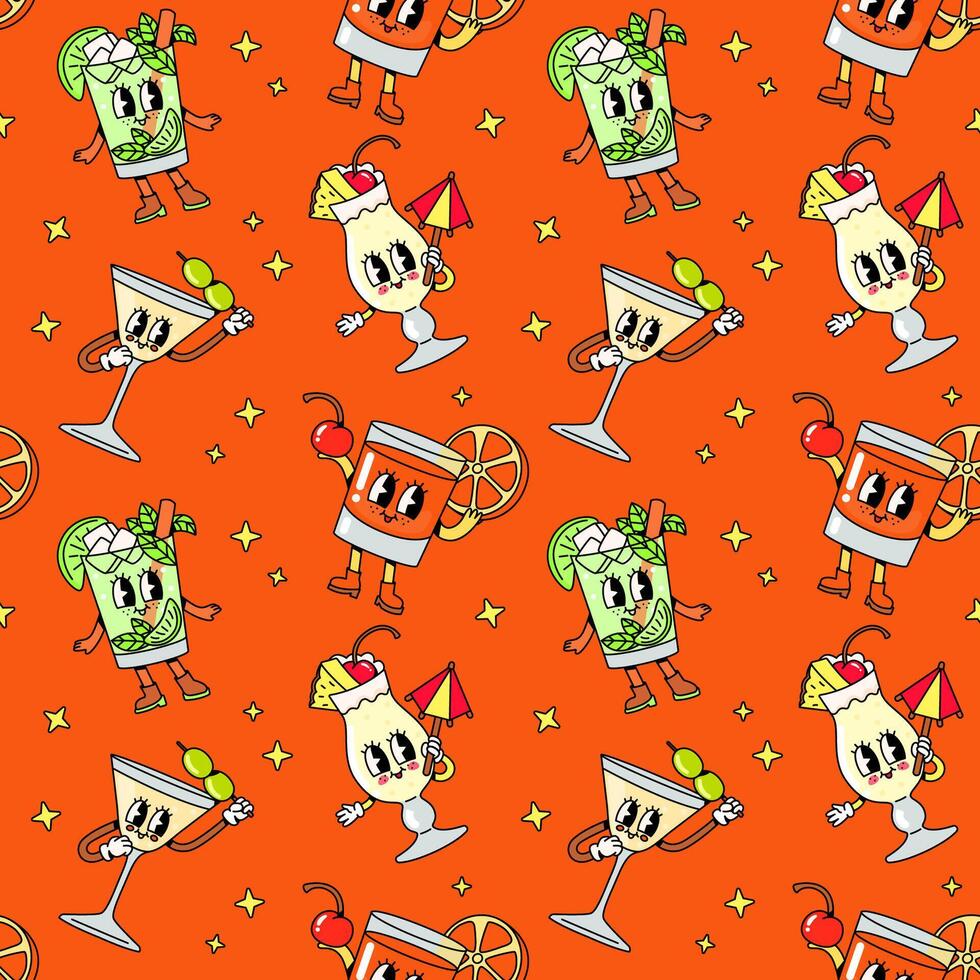 senza soluzione di continuità modello con cartone animato Groovy cocktail personaggio su arancia sfondo. colorato vettore illustrazione con vario alcolizzato bevande nel bicchieri di diverso forme.