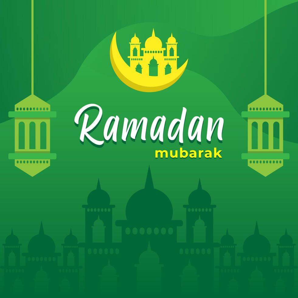 bellissimo sospeso lanterne su verde sfondo, sfondo design su il occasione di musulmano santo mese Ramadan mubarak. vettore