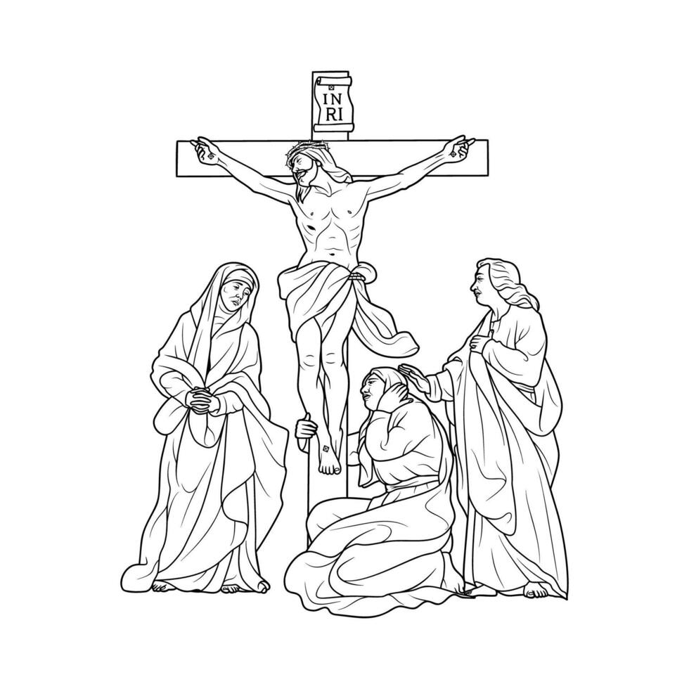 12 ° stazione di il attraversare Gesù Cristo muore inchiodato per il attraversare illustrazione monocromatico schema vettore