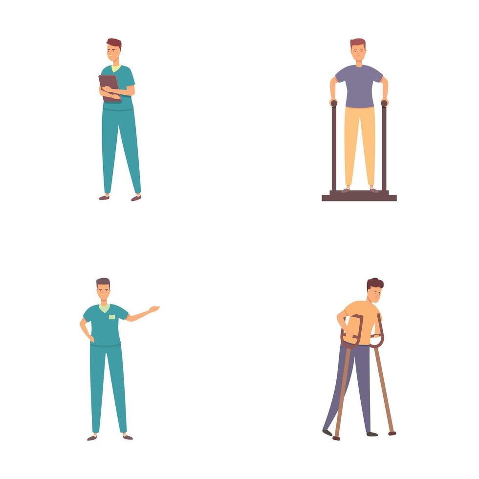 fisioterapia icone impostato cartone animato vettore. maschio medico Aiuto paziente recupero vettore