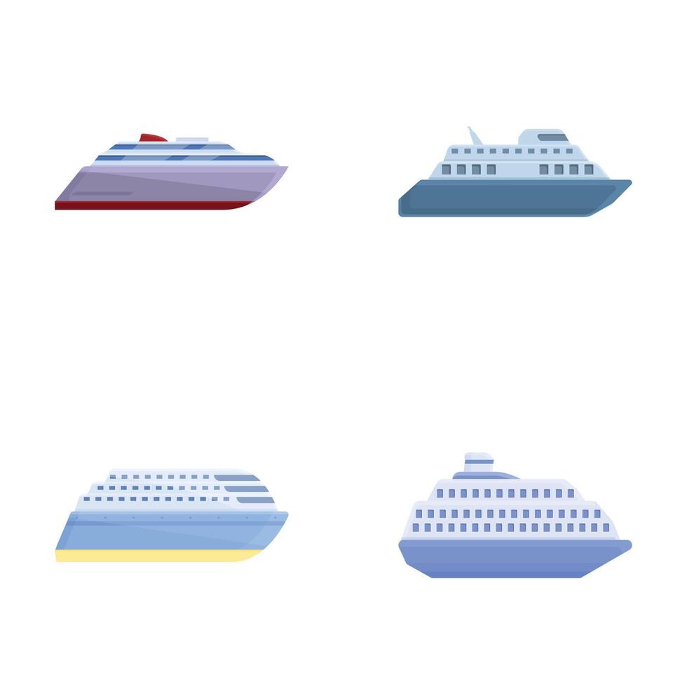 traghetto barca icone impostato cartone animato vettore. passeggeri o carico traghetto nave vettore