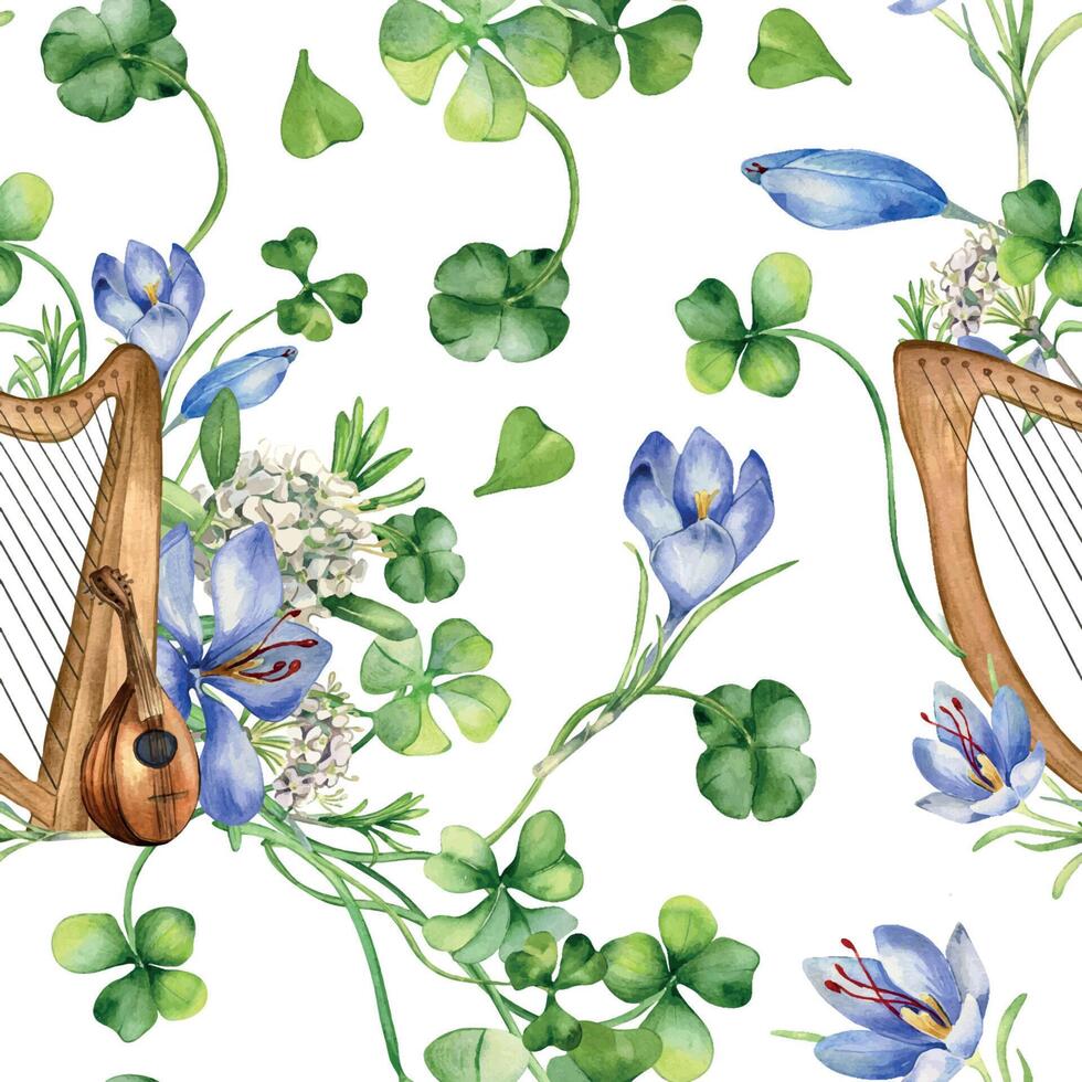 musicale strumenti e primavera fiori acquerello senza soluzione di continuità modello isolato su bianca. dipinto verde trifoglio con arpa e mandolino. irlandesi simbolo mano disegnato. design per st patrick giorno sfondo. vettore