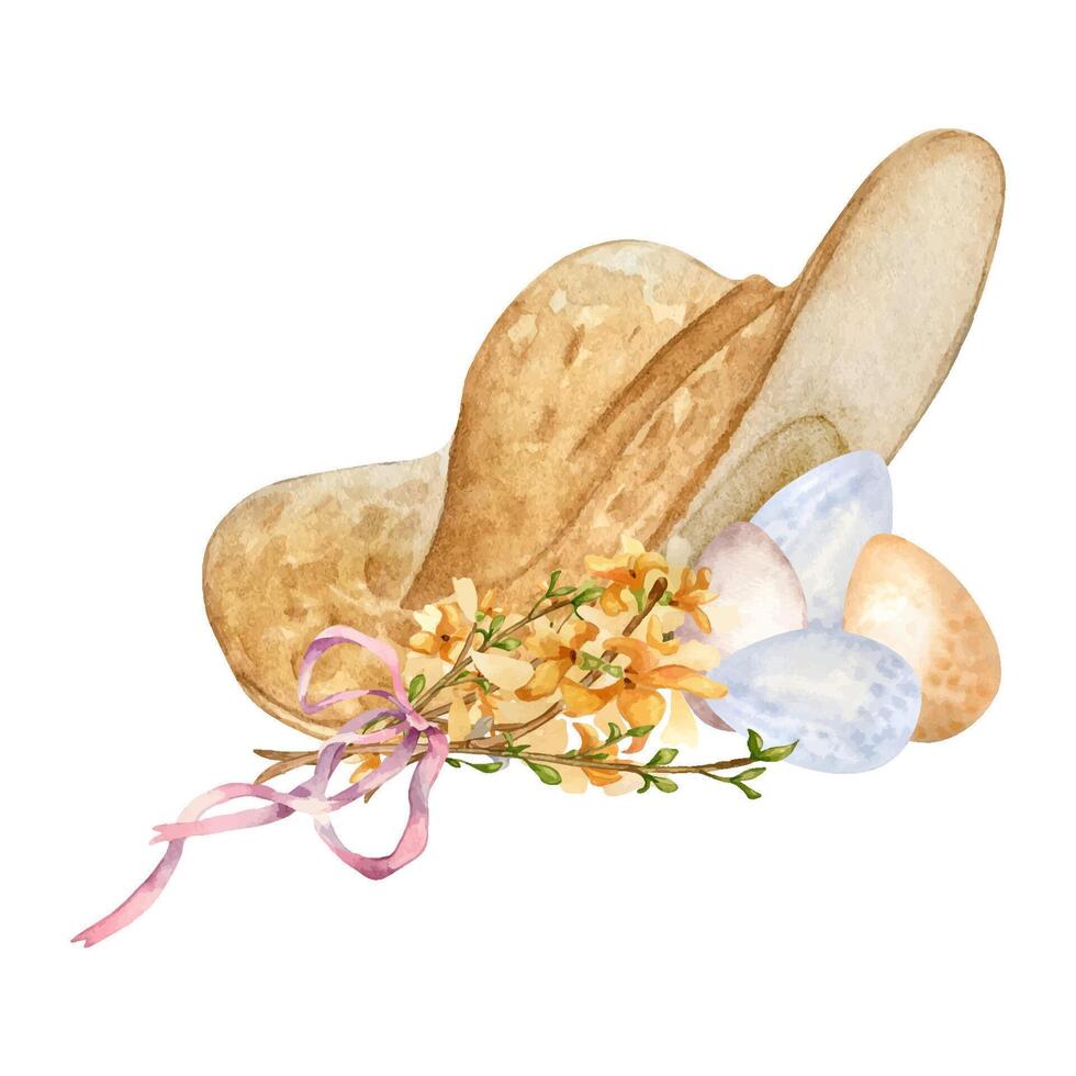 acquerello cannuccia cappello con Pasqua uova illustrazione isolato su bianca sfondo. agricoltori cappello con giallo fiori mano disegnato. dipinto uova e primavera impianti per Pasqua. design elemento per carta. vettore