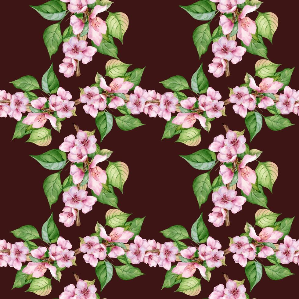 fioritura ramo di mandorla albero con rosa fiori senza soluzione di continuità modello acquerello isolato su scuro. fiorire frutta albero ramo mano disegnato. design elemento per confezione, sfondo, sfondo, tessile. vettore