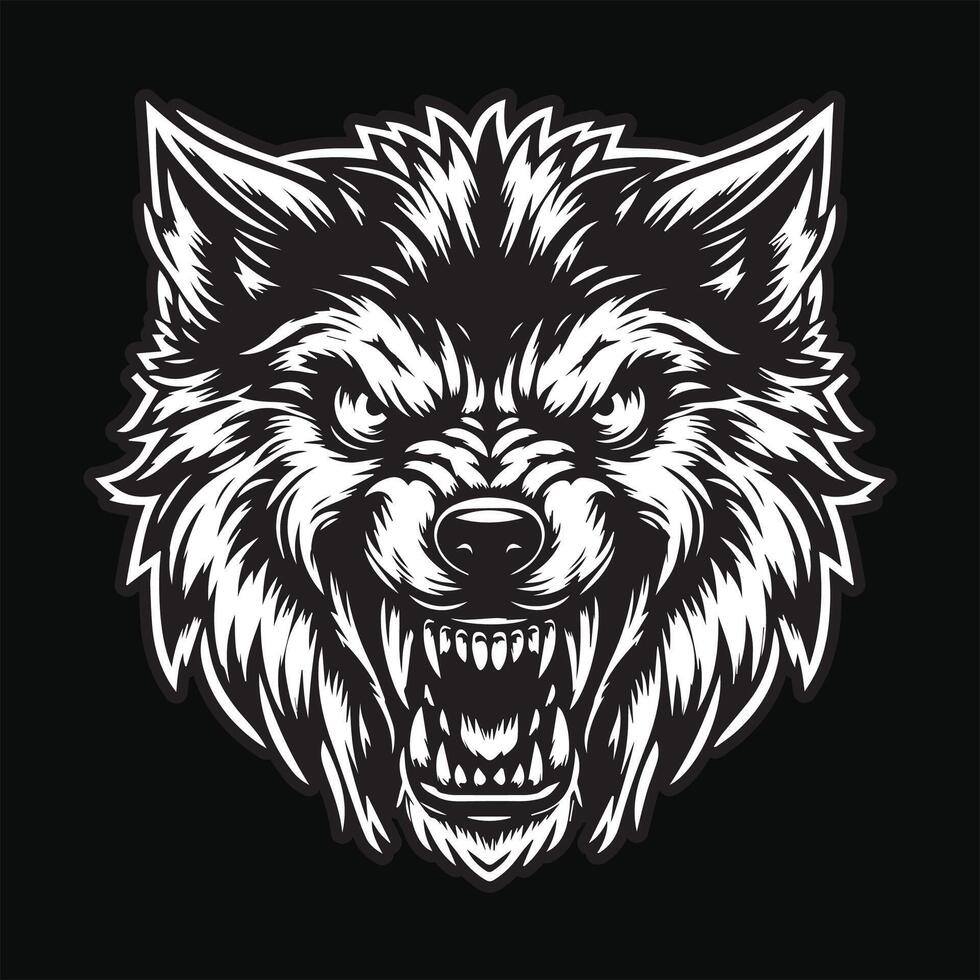 buio arte lupo arrabbiato pauroso testa nero e bianca illustrazione vettore