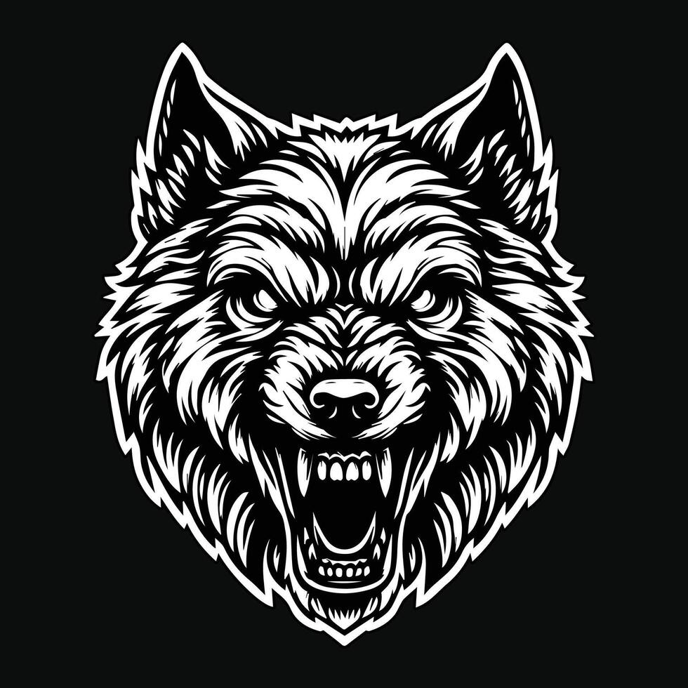 buio arte cranio arrabbiato bestia lupo testa nero e bianca illustrazione vettore