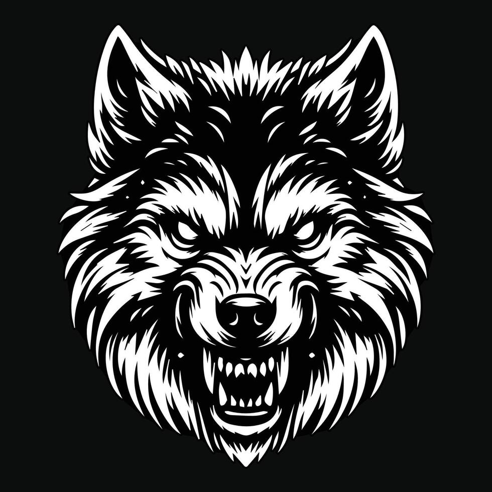 buio arte arrabbiato lupo testa nero e bianca illustrazione vettore