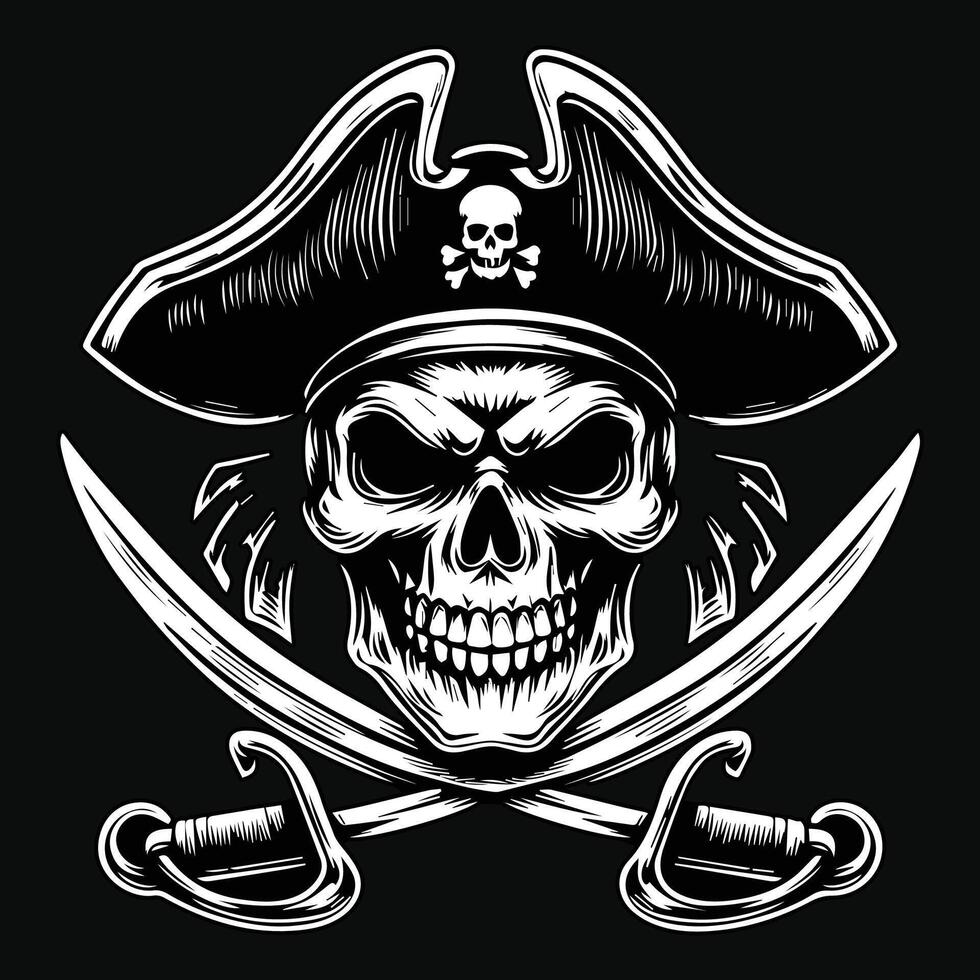 buio arte pirati cranio testa con cappello pirati nero e bianca illustrazione vettore