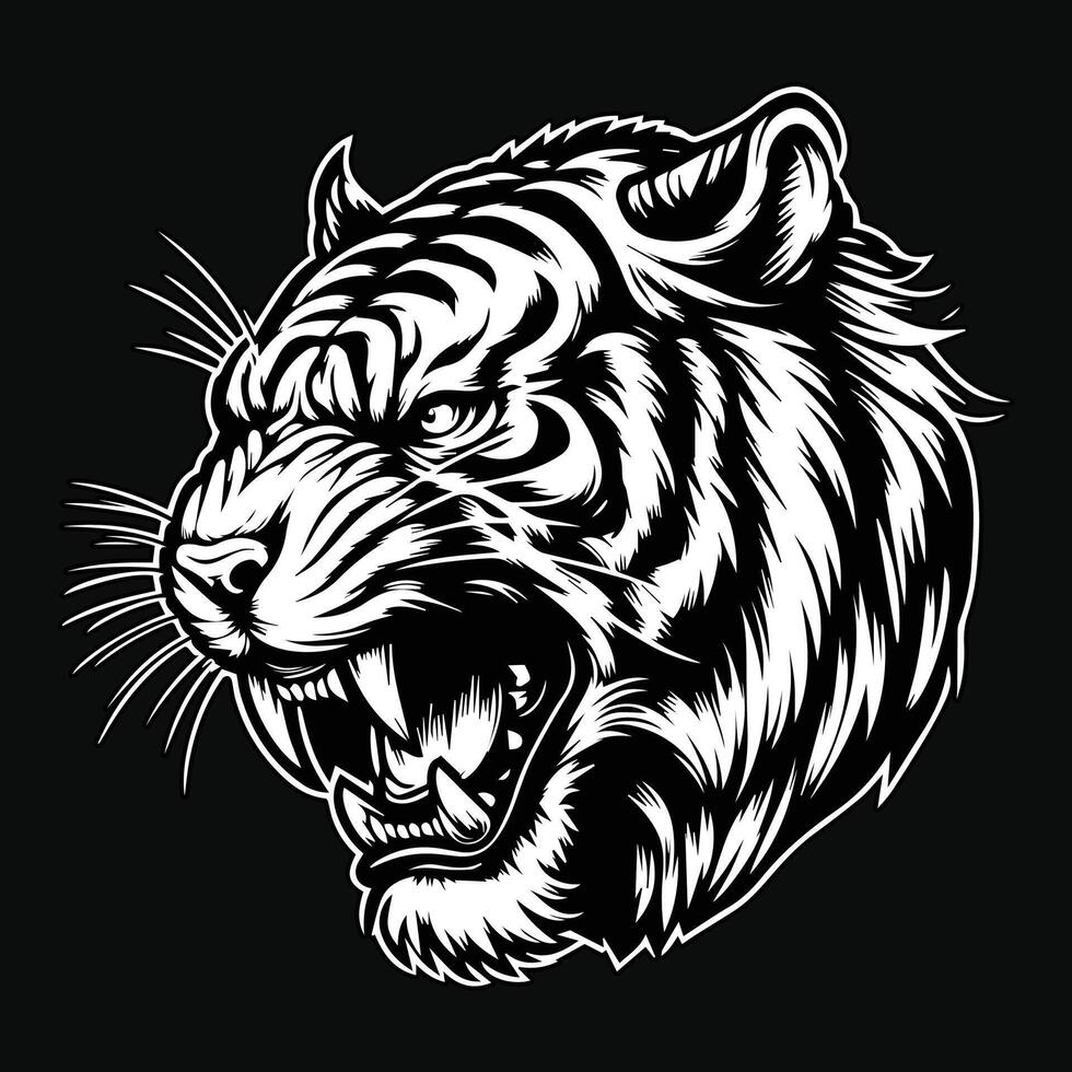buio arte arrabbiato bestia tigre testa nero e bianca illustrazione vettore