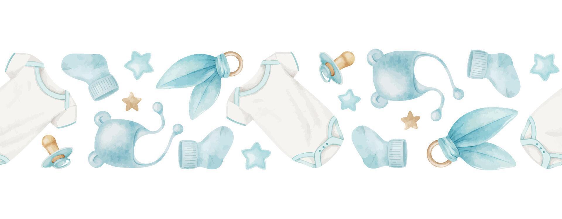 senza soluzione di continuità confine di Accessori per neonato ragazzo, body, succhietto, berretto, calzini, stelle e massaggiagengive. isolato acquerello illustrazioni. per bambini bene e negozio, carte, bambino doccia, capretto camera vettore