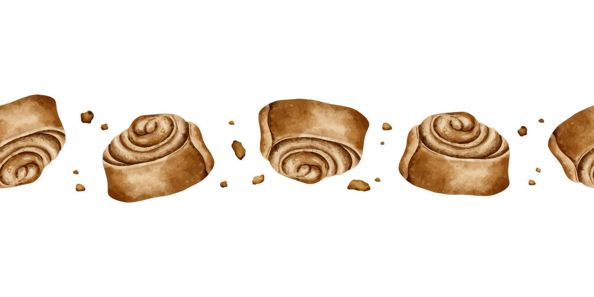 a spirale cannella rotolo. Pasticcino. acquerello senza soluzione di continuità confine di dolce panini. forno Prodotto. bandiera per design di etichetta, confezione, carta, per panetteria, Panetteria. vettore