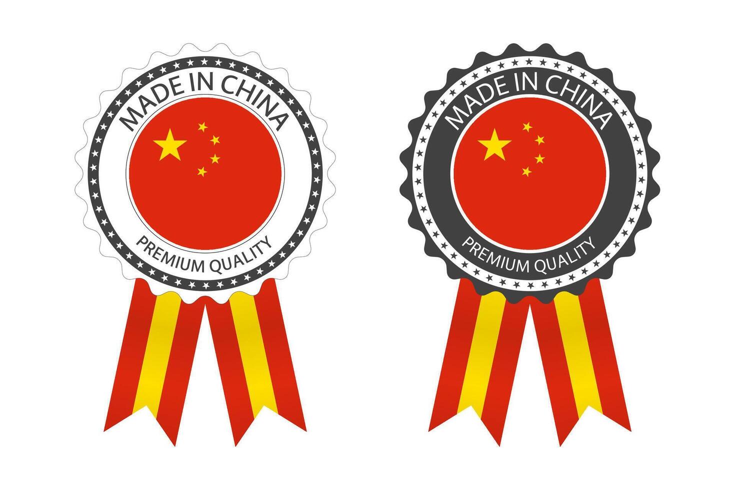 Due moderno vettore fatto nel Cina etichette isolato su bianca sfondo, semplice adesivi nel Cinese colori, premio qualità francobollo disegno, bandiera di Cina