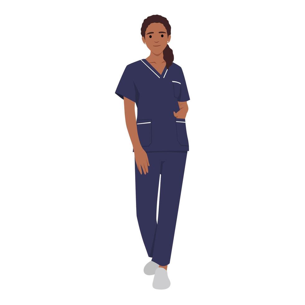 donna infermiera personaggi indossare scrub in piedi davanti Visualizza. vettore