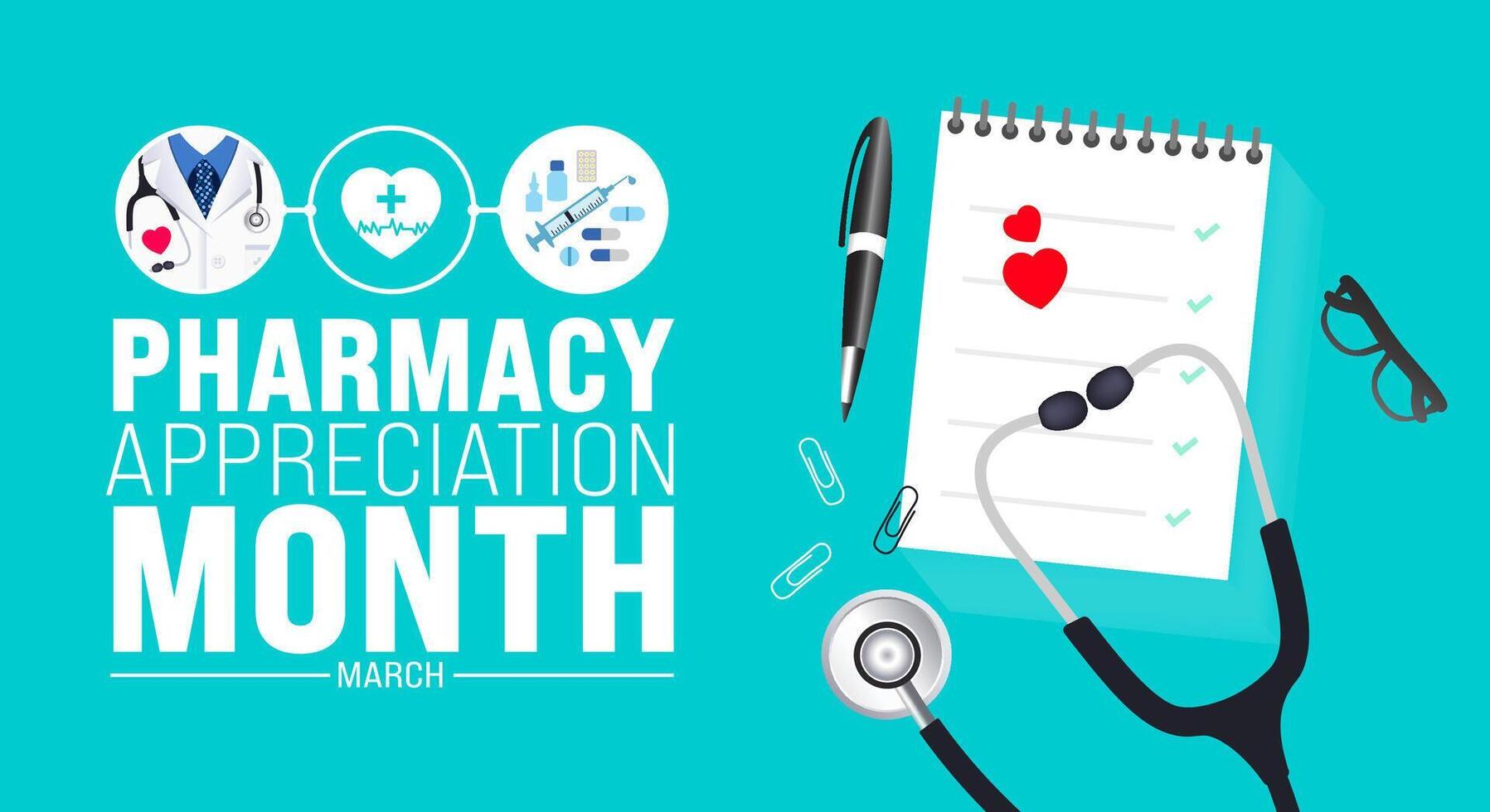 marzo è farmacia apprezzamento mese sfondo modello. vacanza concetto. uso per sfondo, striscione, cartello, carta, e manifesto design modello con testo iscrizione e standard colore. vettore